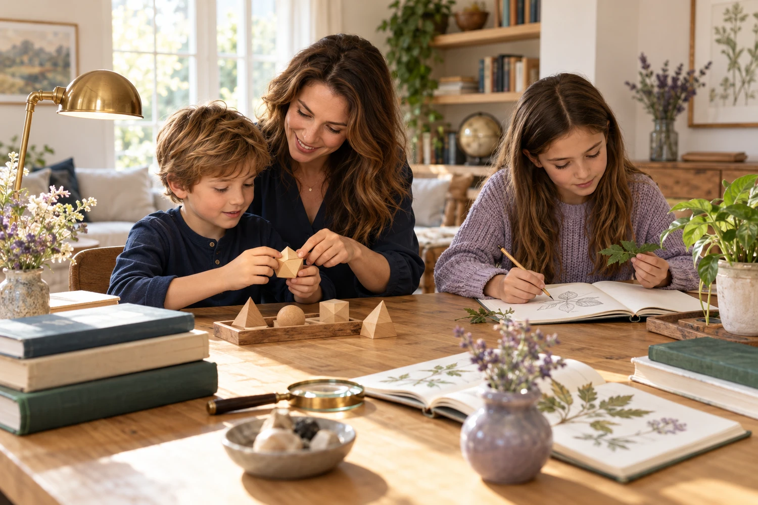A parent and two children learning together at the kitchen table
