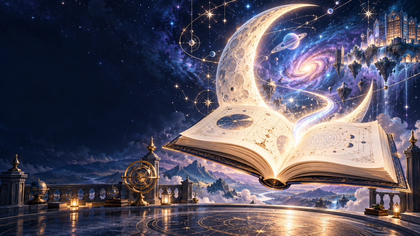 An open book becomes a glowing moon gateway into a library among the stars