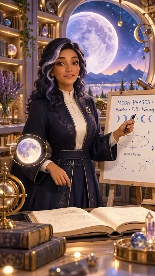 Luna, Adelante's teacher, holding a glowing moon in her observatory library