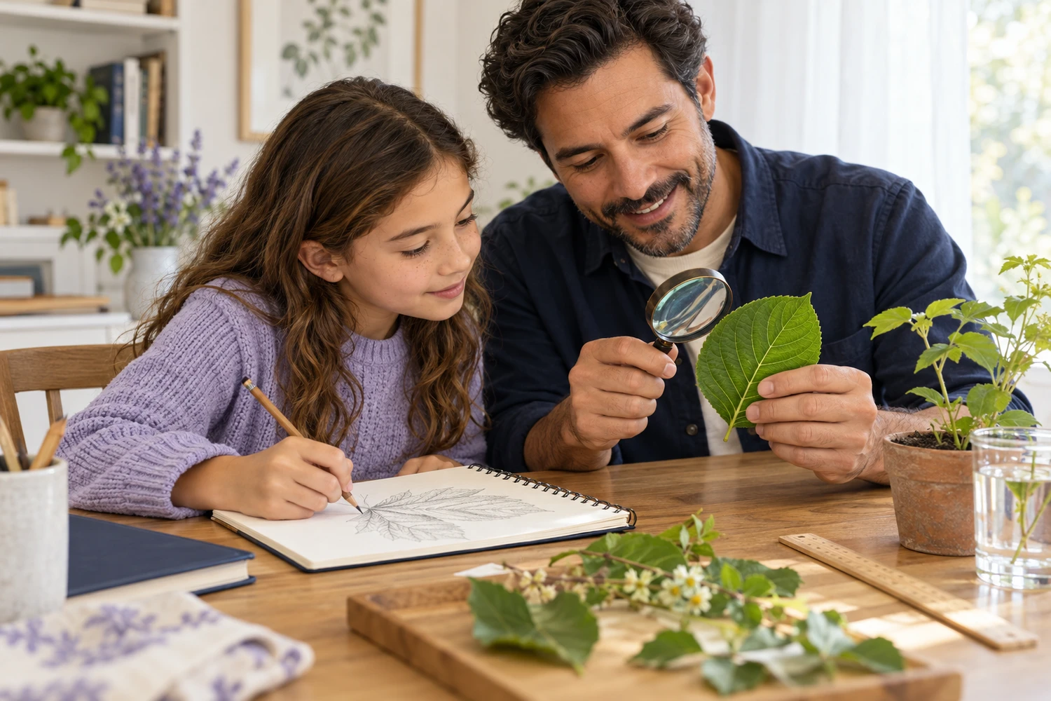 A girl and her dad look at a leaf through a magnifying glass